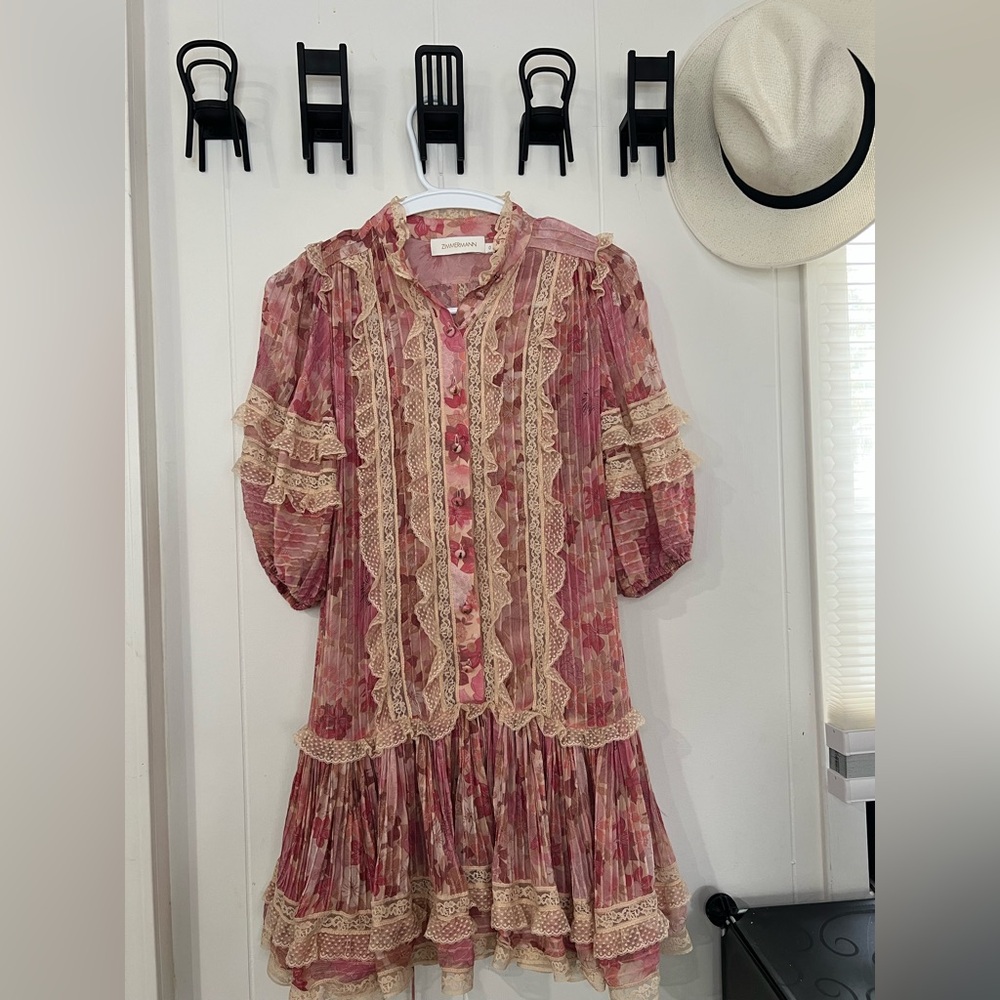 Zimmermann Pink Tan Ruffled Tiered Sundress